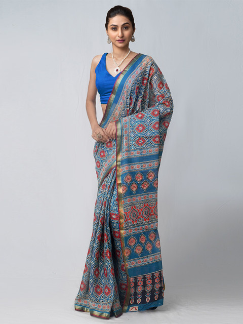 

Unnati Silks Blue & White Zari Pure Cotton Patola Saree
