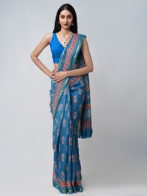 

Unnati Silks Blue & Red Zari Pure Cotton Patola Saree