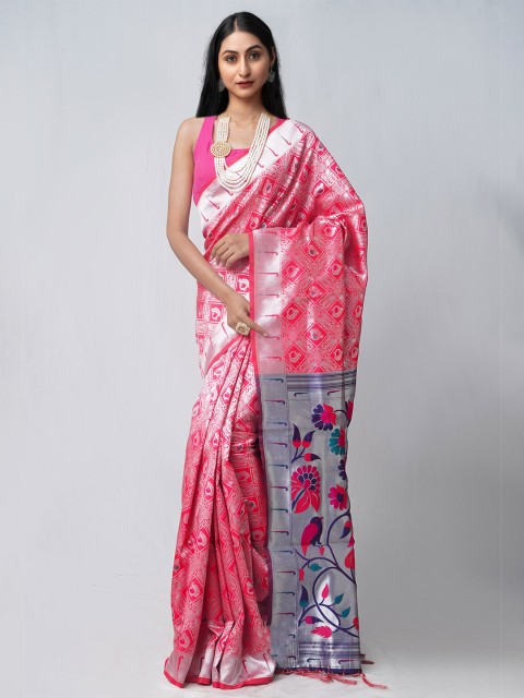 

Unnati Silks Pink & Silver-Toned Woven Design Zari Silk Blend Paithani Saree