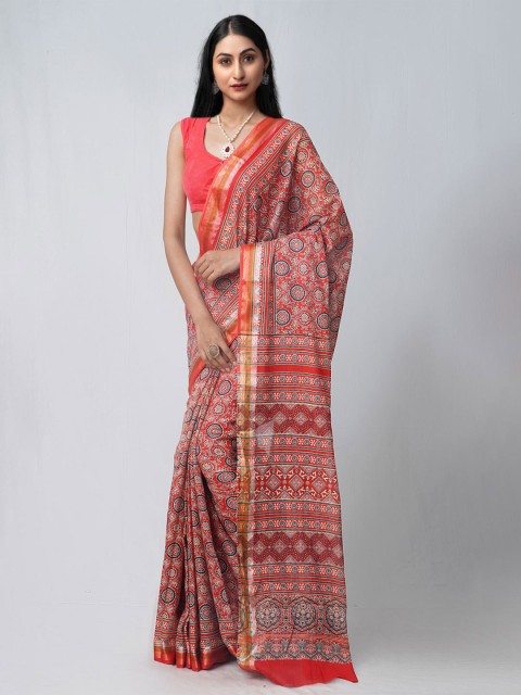 

Unnati Silks Red & Blue Pure Cotton Patola Ajrak Print Handloom Saree