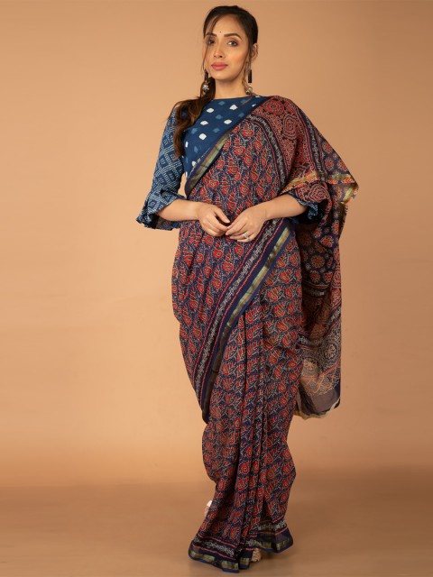 

Unnati Silks Navy Blue & Red Pure Cotton Ajrakh Handloom Patola Saree