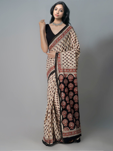 

Unnati Silks Cream-Coloured & Black Ethnic Motifs Mulmul Cotton Bagru Saree