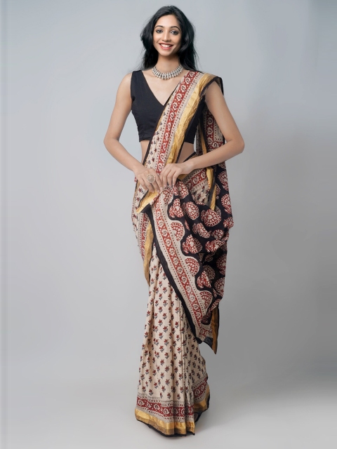 

Unnati Silks Cream-Coloured & Black Ethnic Motifs Pure Bagru Mulmul Cotton Saree