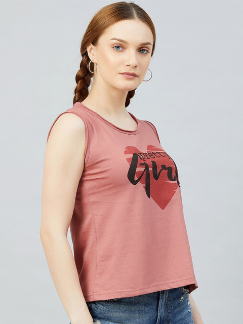 

CHIMPAAANZEE Women Pink Printed Slim Fit Pure Cotton T-shirt