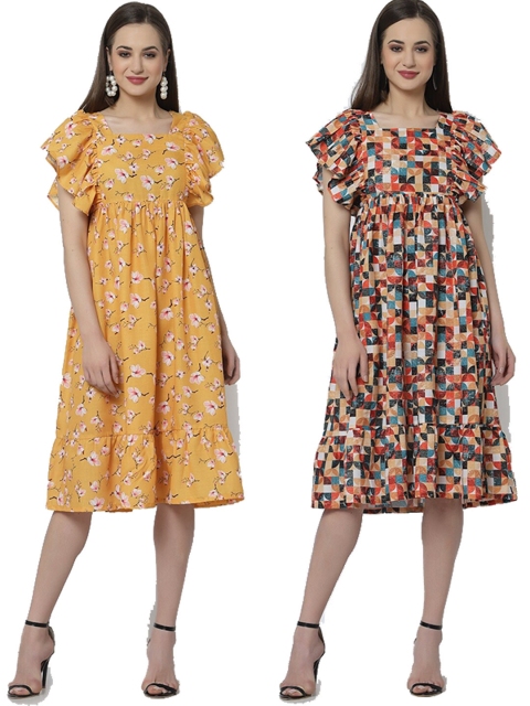 

Altiven Yellow and Multicolored Pack of 2 Floral Printed Empire Dress