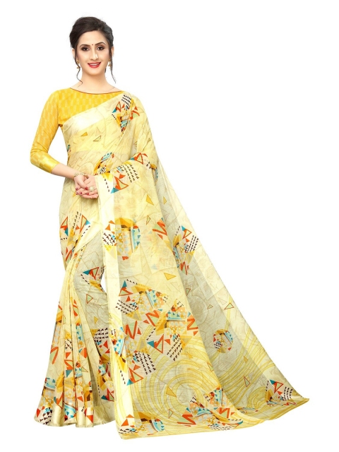 

PERFECTBLUE Yellow & Orange Floral Cotton Linen Saree