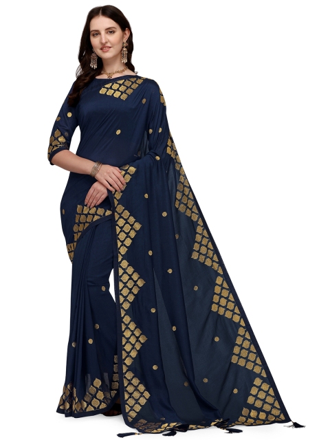 

Iris Navy Blue & Gold-Toned Ethnic Motifs Embroidered Silk Cotton Saree