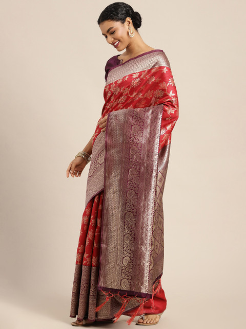 

Mitera Red & Golden Floral Zari Banarasi Saree