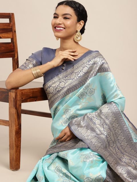 

Mitera Sea Green & Golden Ethnic Motifs Zari Poly Silk Banarasi Saree