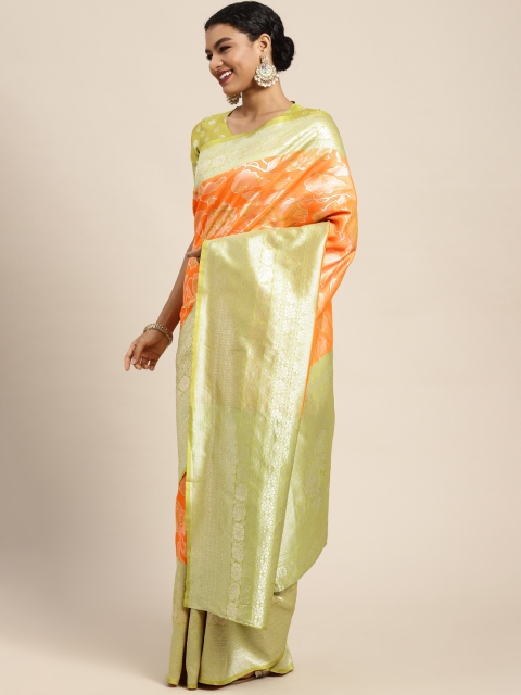 

Mitera Orange & Silver-Coloured Floral Poly Silk Banarasi Saree