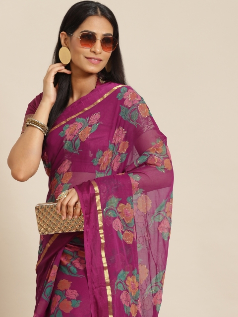 

KALINI Burgundy & Pink Floral Printed & Glitter Poly Chiffon Saree