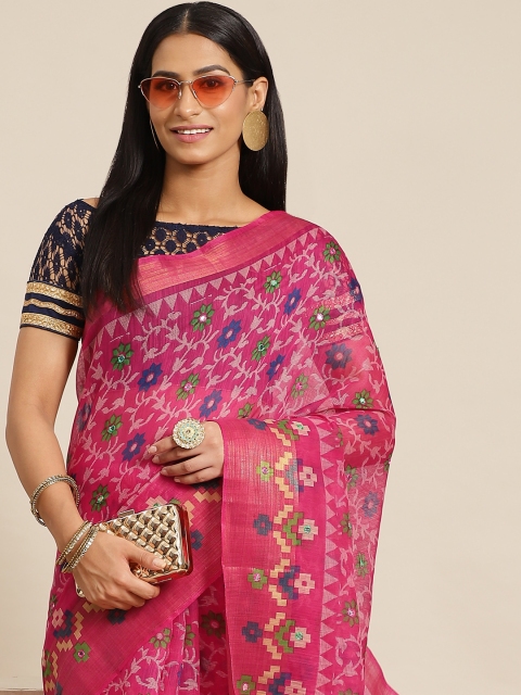 

KALINI Magenta & White Ethnic Motifs Mirror Work Silk Cotton Chanderi Saree