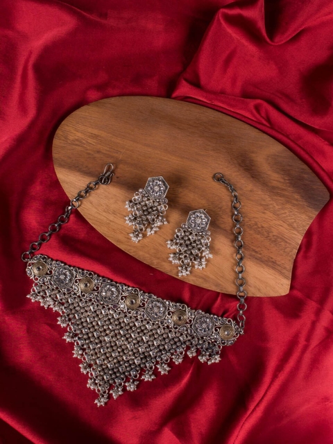 

MIDASKART Silver-Toned & Gold-Toned Dual Tone CZ Studded Jewellery Set