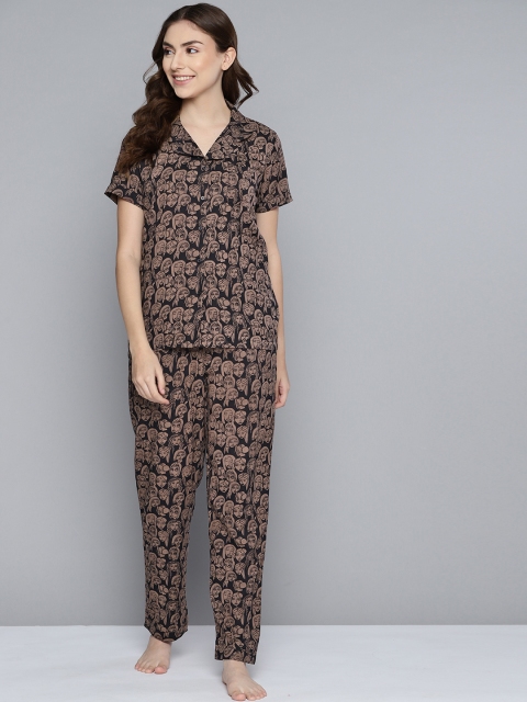 

HERE&NOW Women Brown & Black Printed Night suit