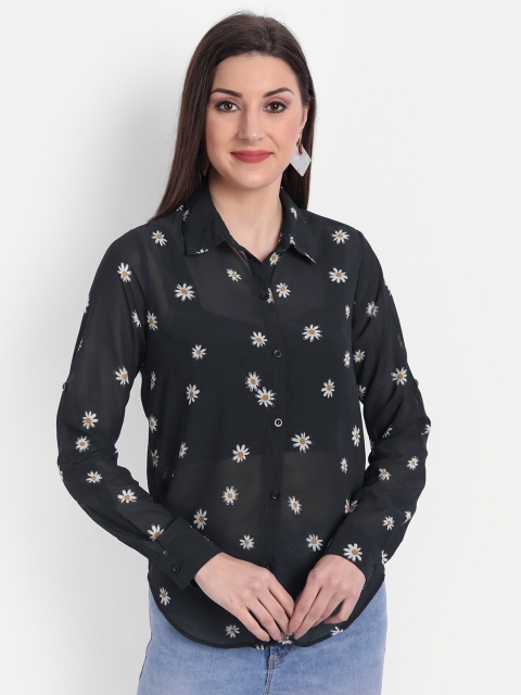 

CHARMGAL Women Blue Casual Semi Transparent Floral Spruce Shirt, Navy blue