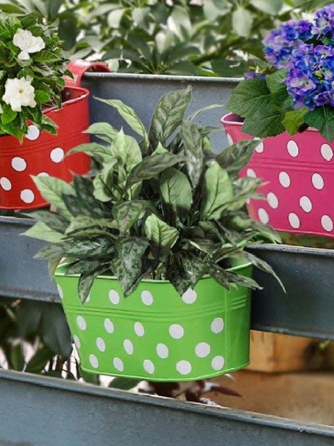 

Leafy Tales Lime Green & White Printed Metal Rust-Free Hanging Planters