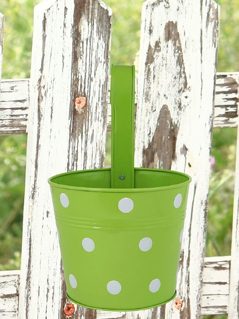 

Leafy Tales Lime Green & White Printed Metal Hanging Planter