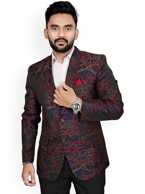 

amzira Men Navy Blue & Red Printed Slim-Fit Ethnic Blazers