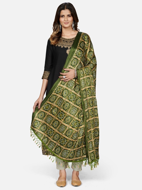 

Vbuyz Olive Green & Gold-Toned Printed Pure Silk Bandhani Dupatta