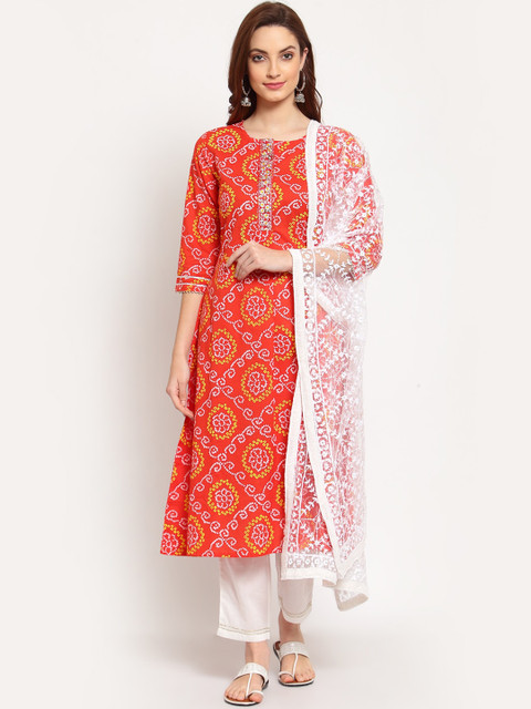 

Myshka Women Orange Printed Panelled Pure Cotton Kurta with Palazzos & With Dupatta