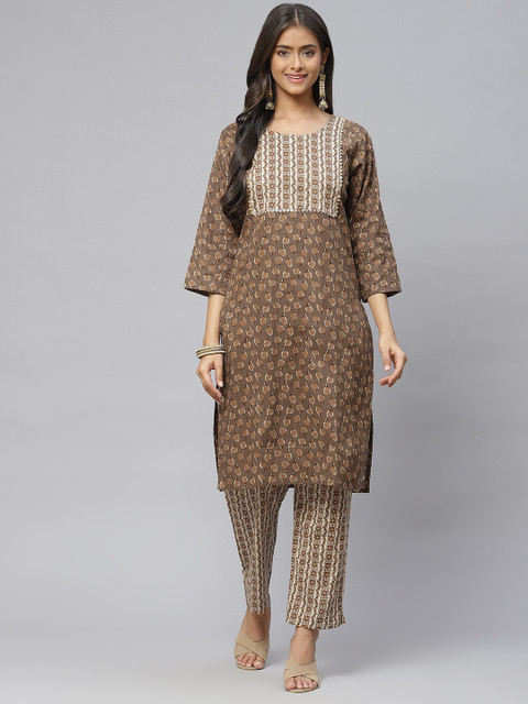 

Aarika Women Brown Ethnic Motifs Printed Pure Cotton Kurta with Trousers