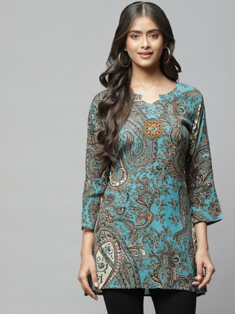 

Aarika Turquoise Blue & Brown Print Longline Pure Cotton Top