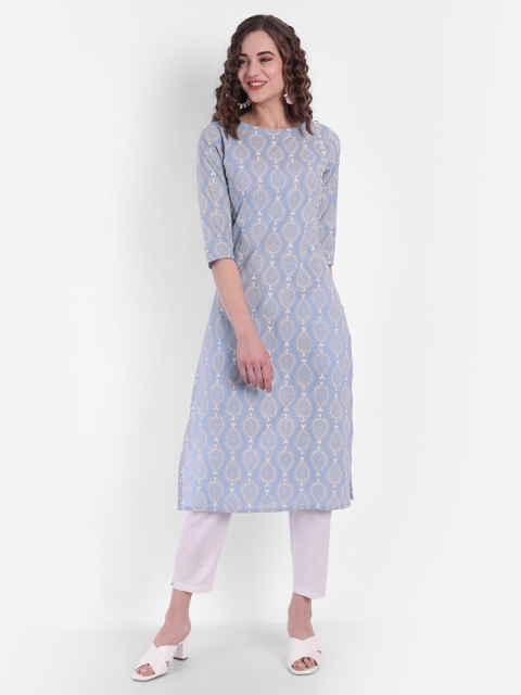 

SUTI Women Blue & Off-White Ethnic Motifs Printed Pure Cotton Straight Kurta