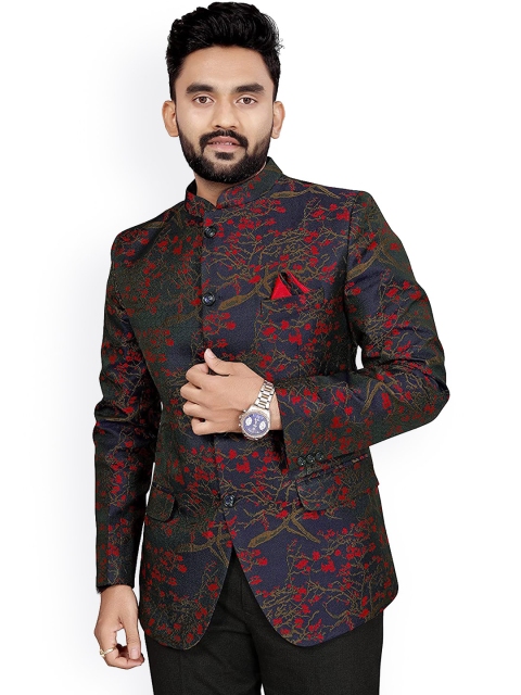 

amzira Men Navy Blue Self Design Ethnic Blazer