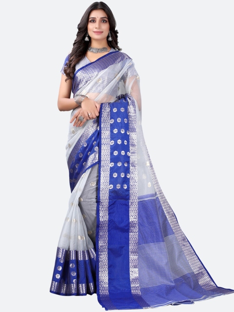 

Satrani Grey & Blue Woven Design Zari Organza Jamdani Saree