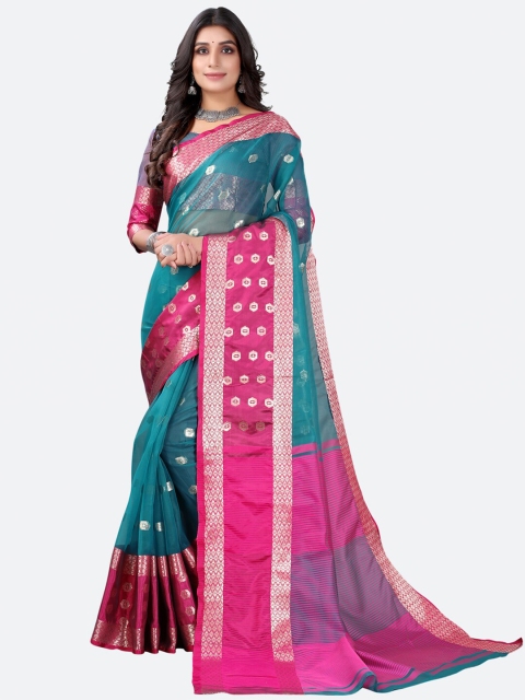 

Satrani Teal Green & Pink Woven Design Zari Organza Jamdani Saree