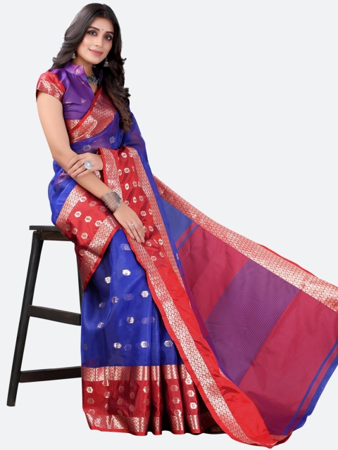 

Satrani Blue & Red Woven Design Zari Organza Jamdani Saree