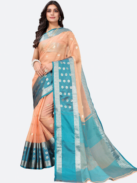 

Satrani Peach Woven Design Organza Jamdani Saree