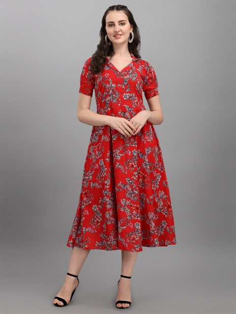 

Wedani Red Floral Linen Chiffon Midi Dress