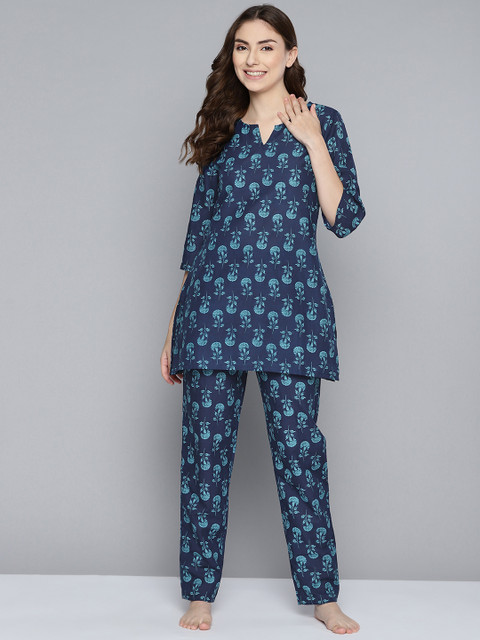 

HERE&NOW Women Navy Blue & Turquoise Blue Printed Night suit