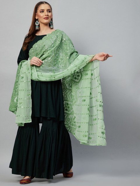 

InWeave Women Green Floral Pleated Kurti with Sharara & With Dupatta