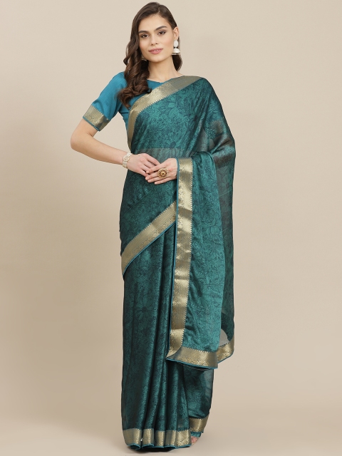 

Mitera Teal Blue & Golden Floral Poly Chiffon Saree