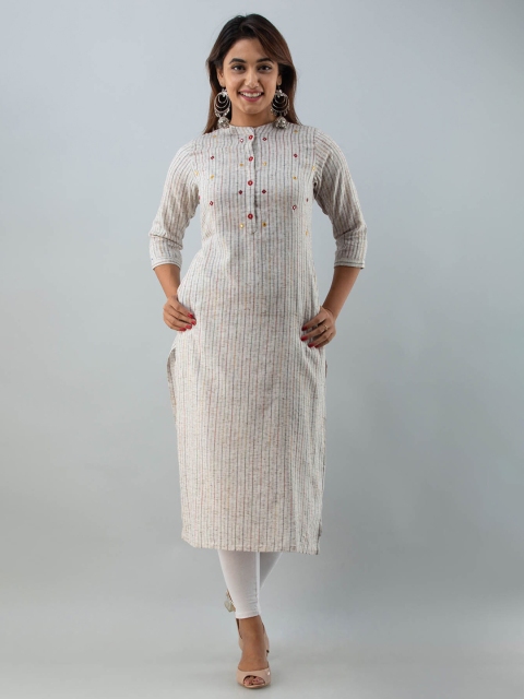 

FASHION DWAR Women Cream-Coloured & Red Embroidered Mirror Work Cotton Kurta