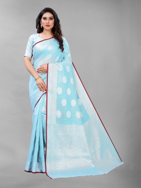 

PERFECTBLUE Blue & Silver-Toned Ethnic Motifs Zari Silk Blend Paithani Saree