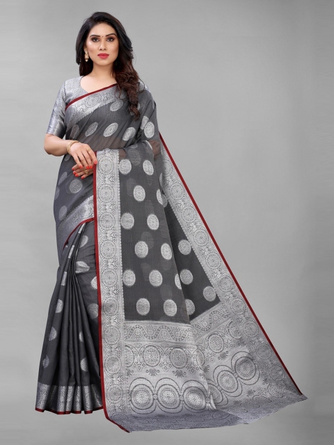 

PERFECTBLUE Black & Silver Ethnic Motifs Zari Silk Blend Paithani Saree