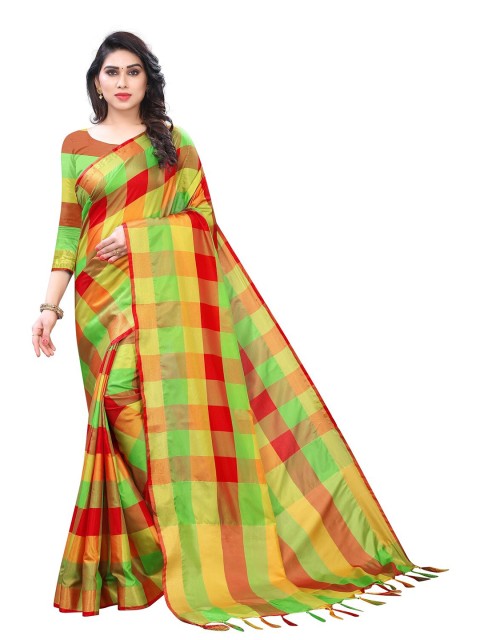 

PERFECTBLUE Red & Green Checked Cotton Blend Saree