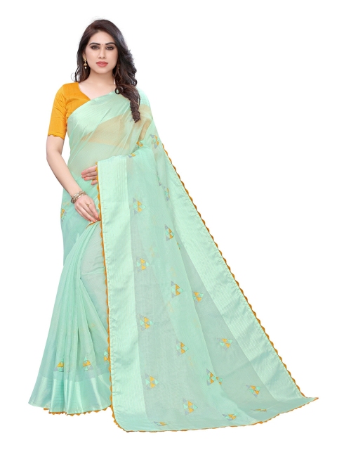 

PERFECTBLUE Turquoise Blue & Mustard Yellow Embroidered Saree