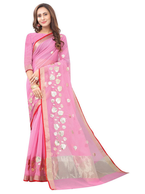 

PERFECTBLUE Pink & Silver-Toned Floral Saree