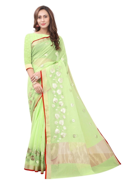 

PERFECTBLUE Olive & Red Floral Print Cotton Blend Saree