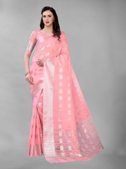 

PERFECTBLUE Pink & Silver-Toned Ethnic Motifs Silk Blend Saree