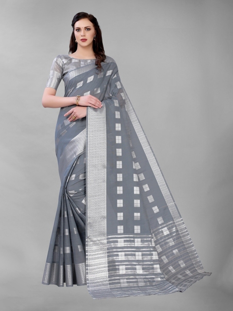

PERFECTBLUE Grey & Silver-Toned Woven Design Silk Blend Saree
