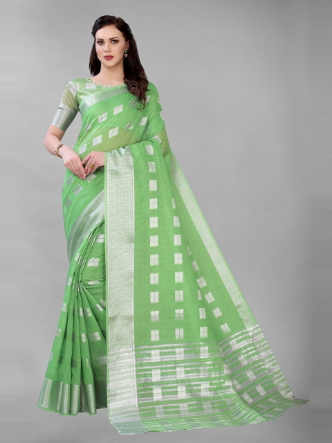 

PERFECTBLUE Green & Silver-Toned Woven Design Silk Blend Saree