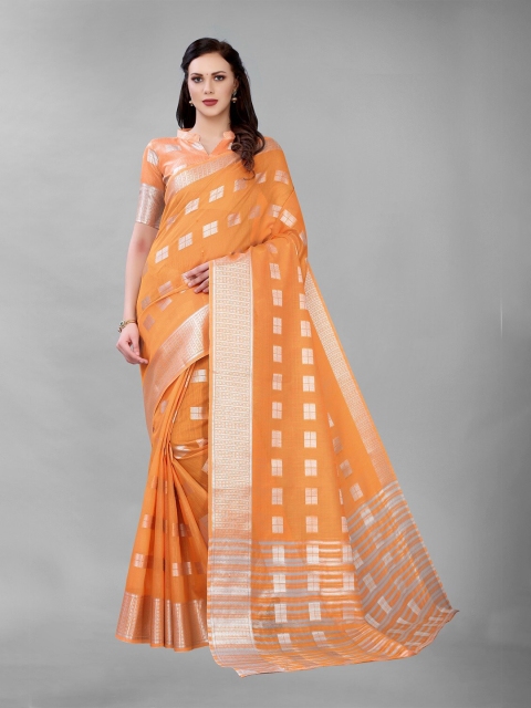 

PERFECTBLUE Orange & Silver-Toned Woven Design Silk Blend Saree