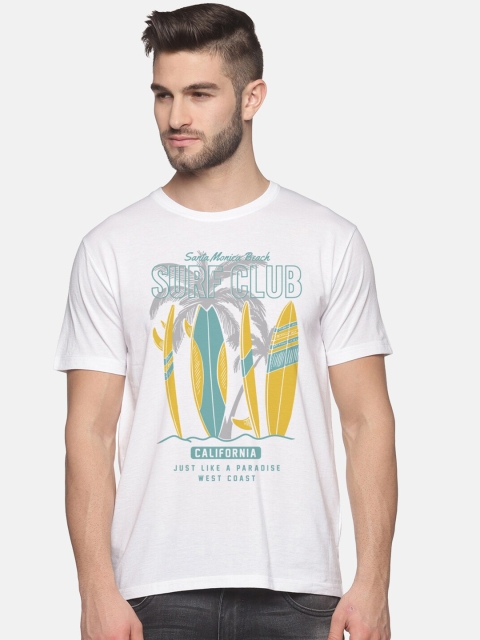 

BLACK RADIO Men White & Yellow Printed Slim Fit Cotton T-shirt