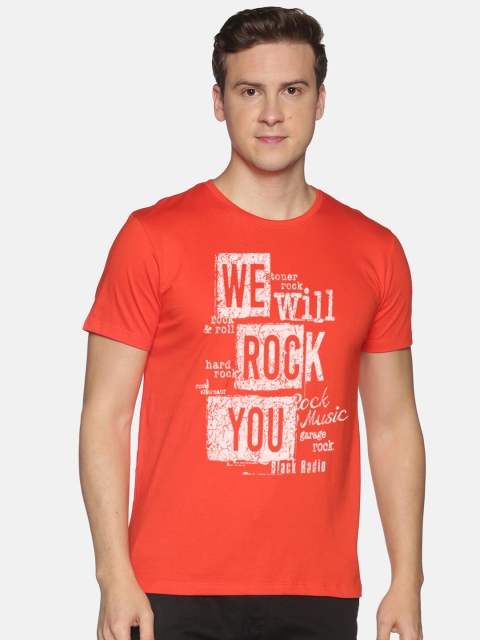 

BLACK RADIO Men Red & White Typography Printed Slim Fit Cotton T-shirt