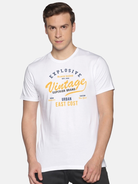 

BLACK RADIO Men White & Yellow Typography Printed Slim Fit Cotton T-shirt
